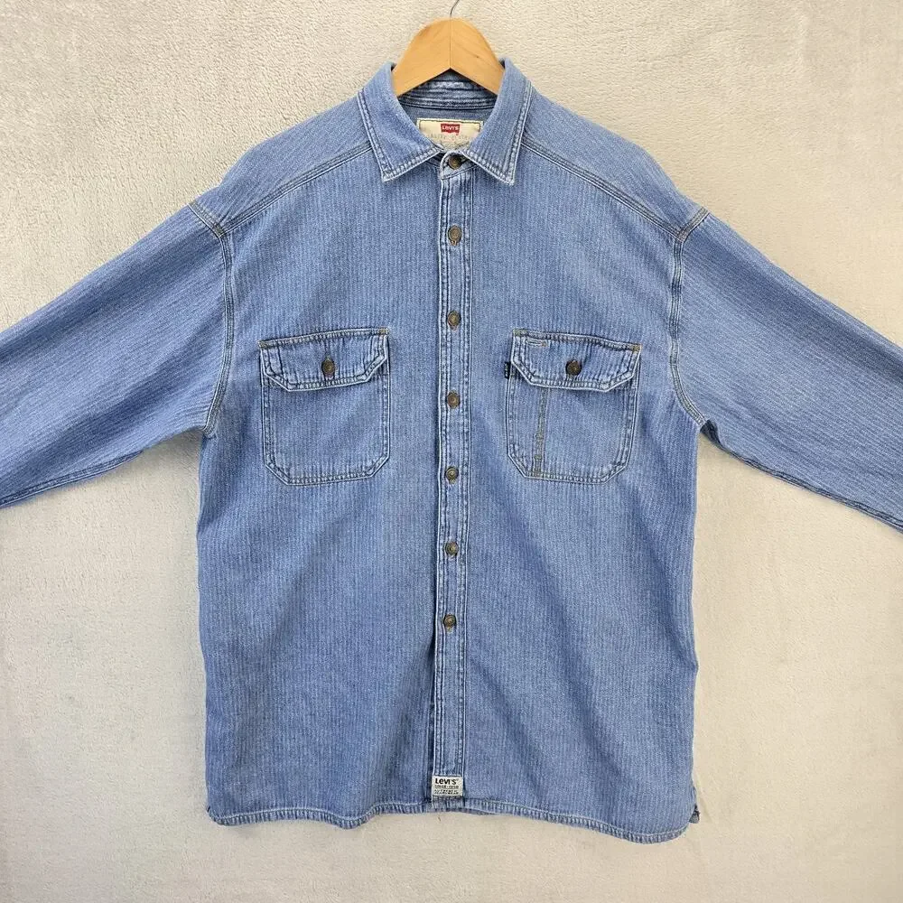 Vintage 90s Levis Denim Metal Button Up Shirt Large Blue Tab Ticking Stripe